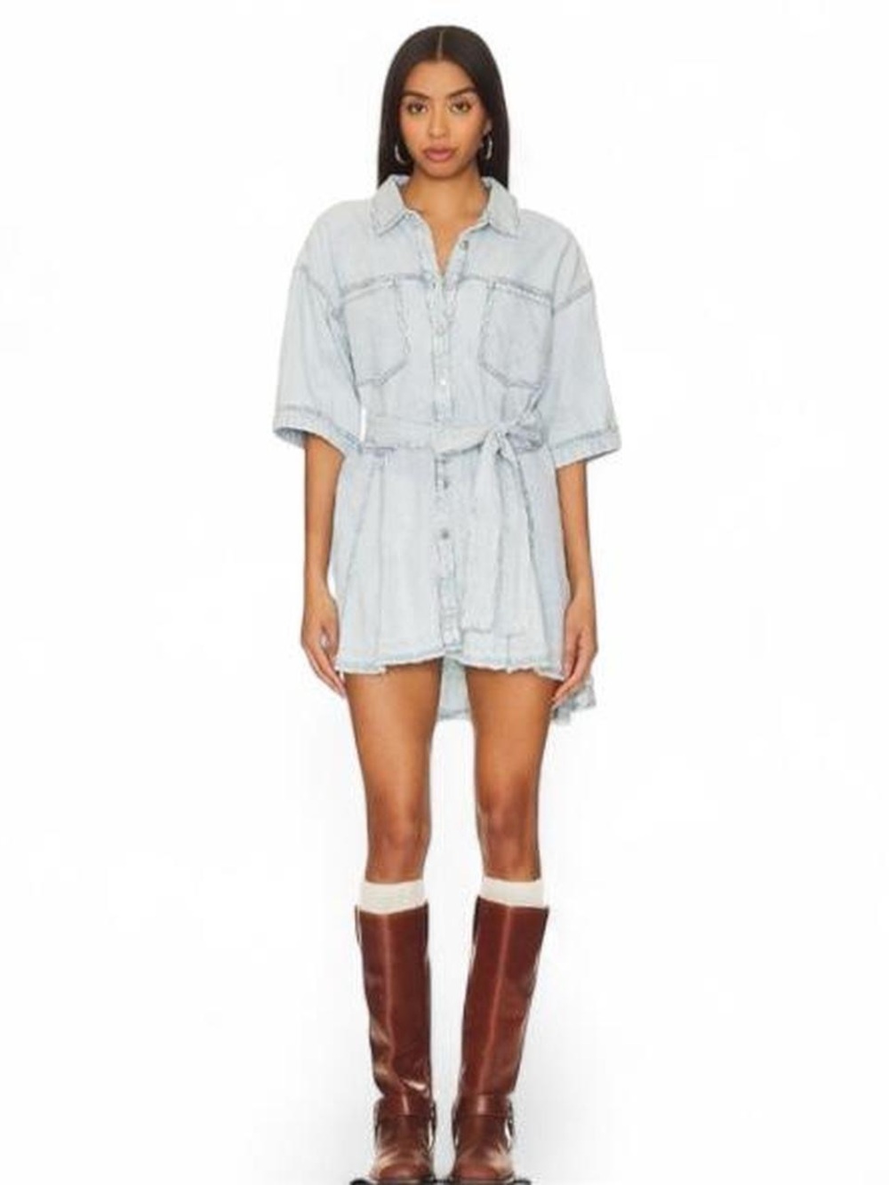 Free People Light Wash Denim Shirt Dress with Tie Waist